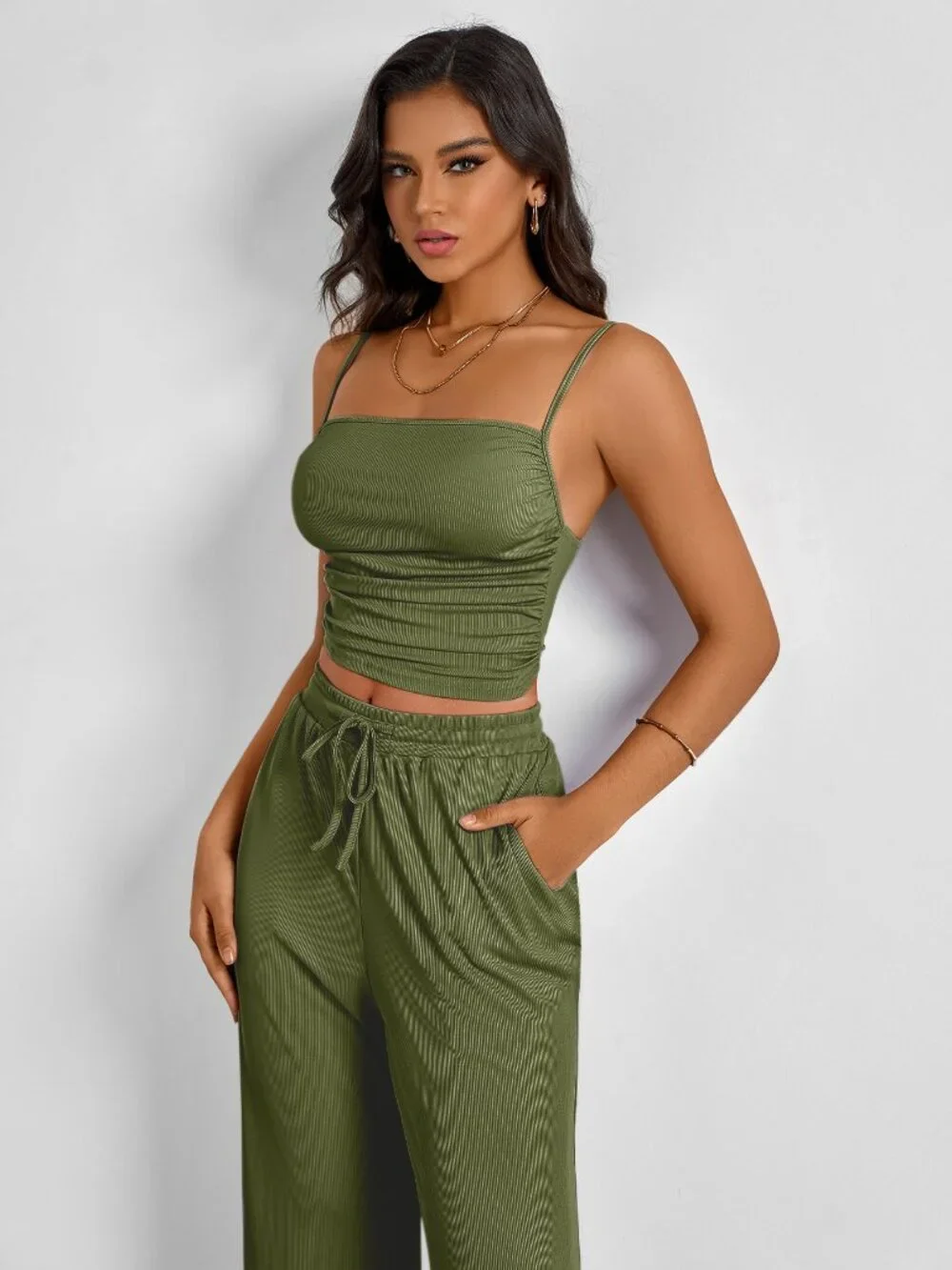 Olive Green Textured Spaghetti Strap Crop Top & Drawstring Wide Leg Pants 2 Piec